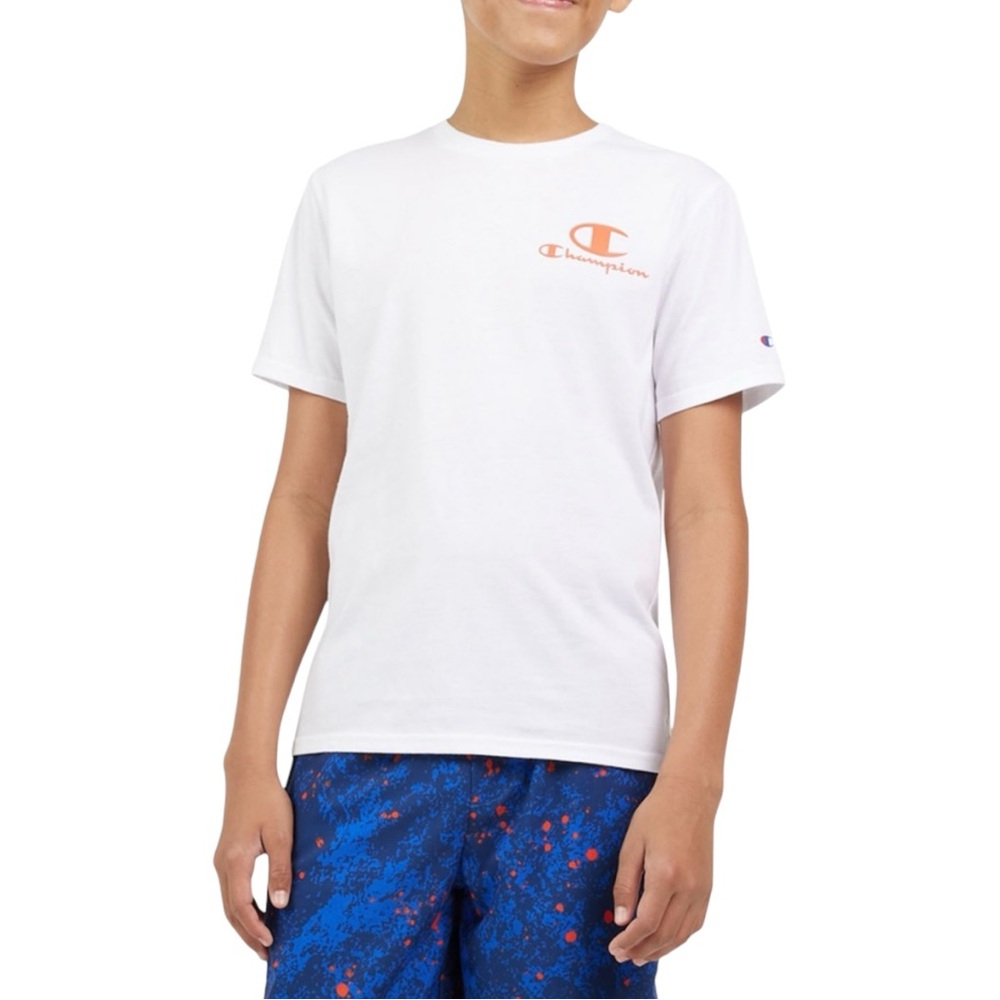 CHAMPION© BOYS’ ACTIVE SHORT SLEEVE TEE. WHITE TEE W/BACK GRAPHIC. SZ 6-6x